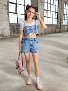 Tween Girls 2 件套牛仔套装 - 时尚水洗牛仔上衣，带有心形刺绣和配套牛仔短裤，时尚休闲装 - 中等水洗藍 - 查看 1