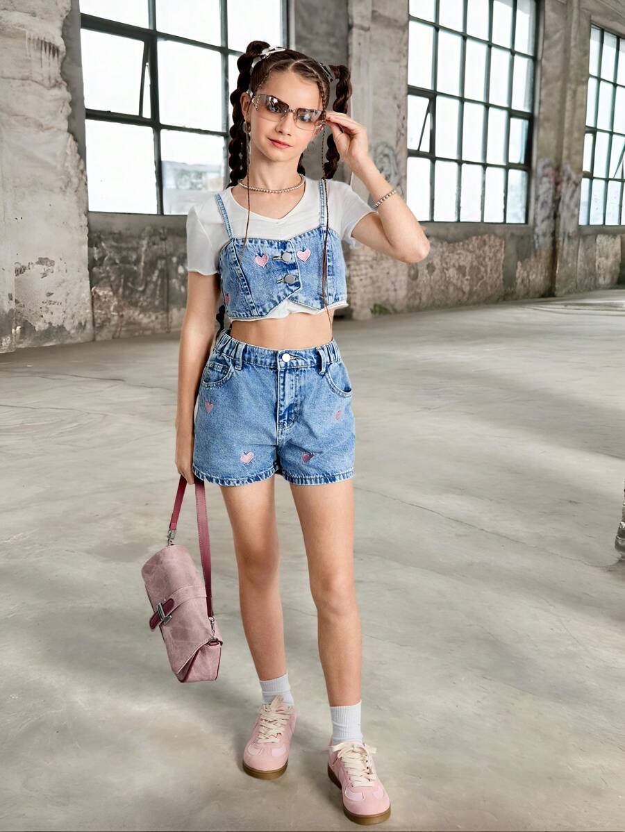 Tween Girls 2 件套牛仔套装 - 时尚水洗牛仔上衣，带有心形刺绣和配套牛仔短裤，时尚休闲装 - 中等水洗藍 - 查看 1