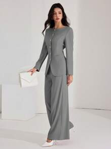 Heiryn Women's Solid Color Button Front Long Sleeve Blouse And Trouser Suit Set, Minimalist 2 Pieces Set In Fall/Winter - Grey - View 5