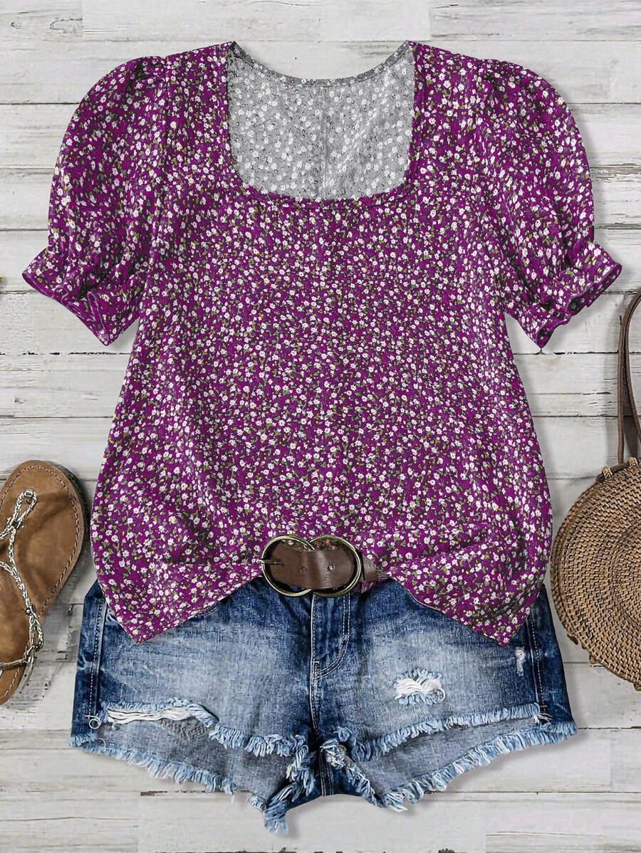 SHEIN LUNE Áo sơ mi nữ tay ngắn họa tiết hoa nhỏ nhắn, đầu xuân - Màu tím - Xem 1