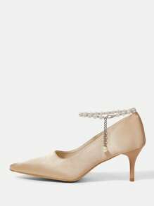 CUCCOO HITCHD Zomer Nieuwe Damesschoenen Parel & Strass Hanger Ketting Enkelbandje Puntige Teen Stiletto Kitten Heels, Elegante Intellectuele Klassieke Romantische Glamour Elegante Champagne Gouden Satijnen Bruidsjurk Bruiloft Feestjurk Pumps