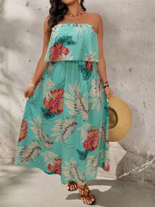 SHEIN LUNE Plus Size Floral Print Ruffle Hem Dress, Vacation Vibe - Green - View 4