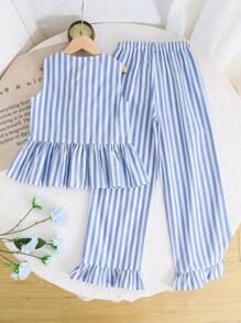 SHEIN Leap Crew Conjunto de 2 piezas para niñas preadolescentes con blusa sin mangas de cuello redondo con volantes y rayas + pantalones anchos de pierna suelta, para uso casual de resort - Azul - Ver 8