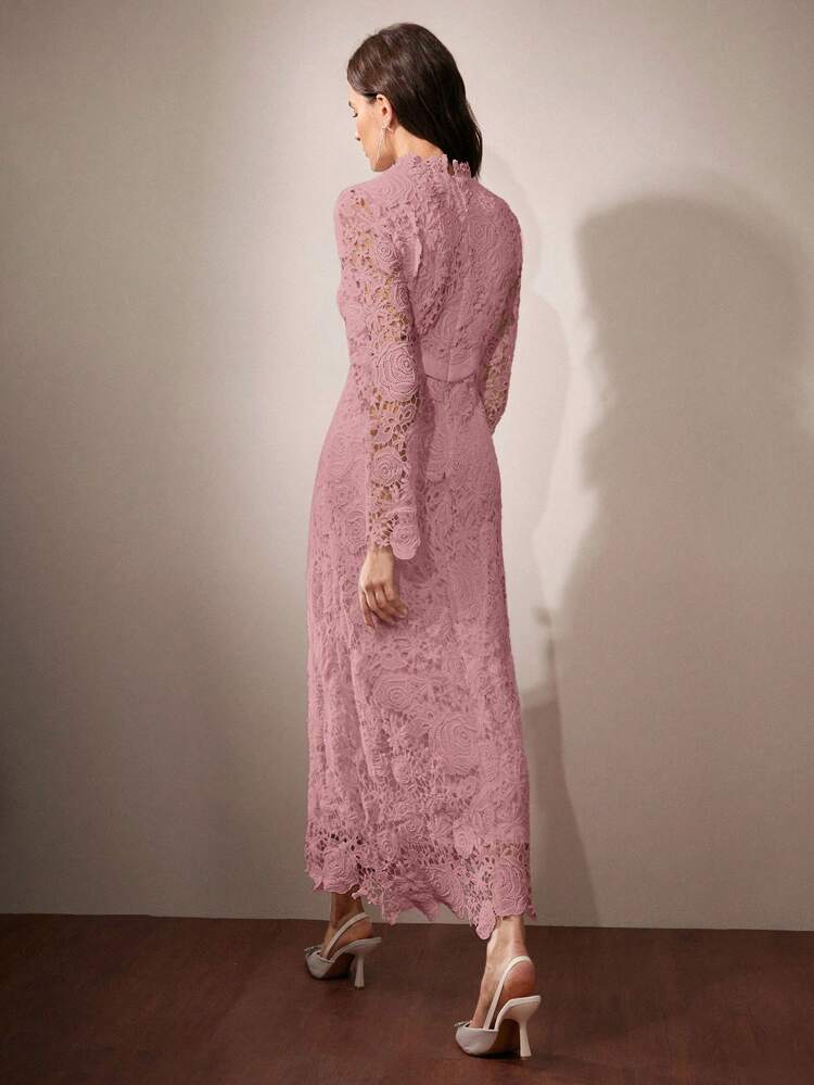 Women's Elegant French Rose Satin Contrast Lace High-End Dress