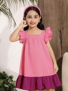 Young Girls' Lilac Purple Textured Chiffon Splice Rose Pink Skirt Flared Wide Sleeve Cap Sleeve Square Collar Splice 3D Bow Decor Mid-Length Casual Chic Korean Style Dress, Suitable For School, Travel, Vacation, Summer, Beach - Pink - View 5