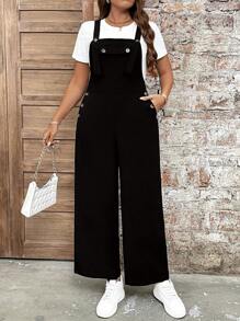 SHEIN LUNE Plus Size Women Casual Vacation Jumpsuit With Decorative Buttons - Black - View 3