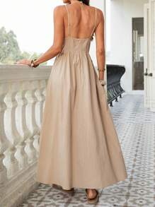 SHEIN VCAY Vestido feminino elegante de cor sólida com alça de gravata - Caqui - Ver 2