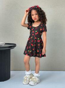 Girl's Form-Fitting Knit Jumpsuit With Cherry Pattern, Square Neck Dress Style Jumpsuit,Anti-Exposure Inner Short,Sport Style,School Daily Wear.