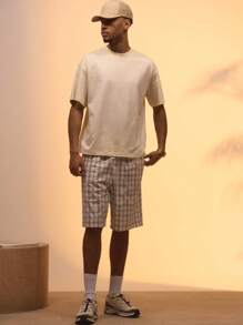 Musero 弹力腰带格纹短裤，春夏街头风 - 卡其色 - 查看 1