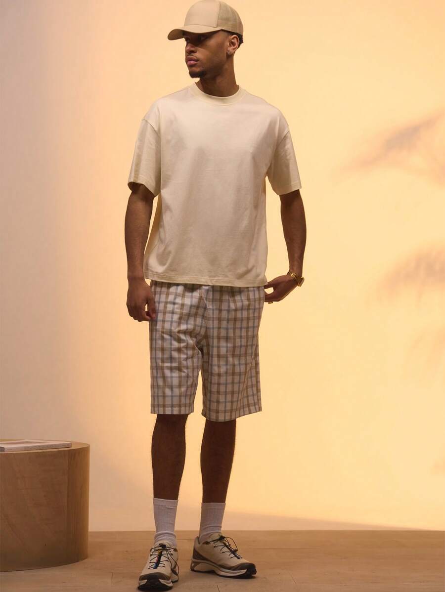 Musero 弹力腰带格纹短裤，春夏街头风 - 卡其色 - 查看 1
