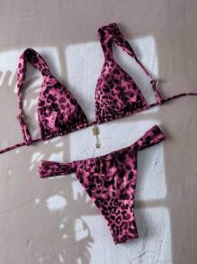 Swim Vcay Women's Summer Sexy Halter Printed Spaghetti Strap Bikini Set With Metal Decor, Beach Outfit