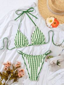 Swim Vcay Set Bikini a righe da donna con collo all'halter per la spiaggia estiva