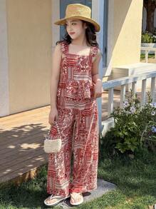 Dazy Kids 2pcs/Set Tween Girl Ditsy Floral Sleeveless Top And Long Pants Set, Summer,Back To School Clothes Vacation Easter - Red - View 8