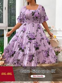 SHEIN CURVE+ 大码度假风格方领收腰 A 字形连衣裙，大码 - 彩色 - 查看 1