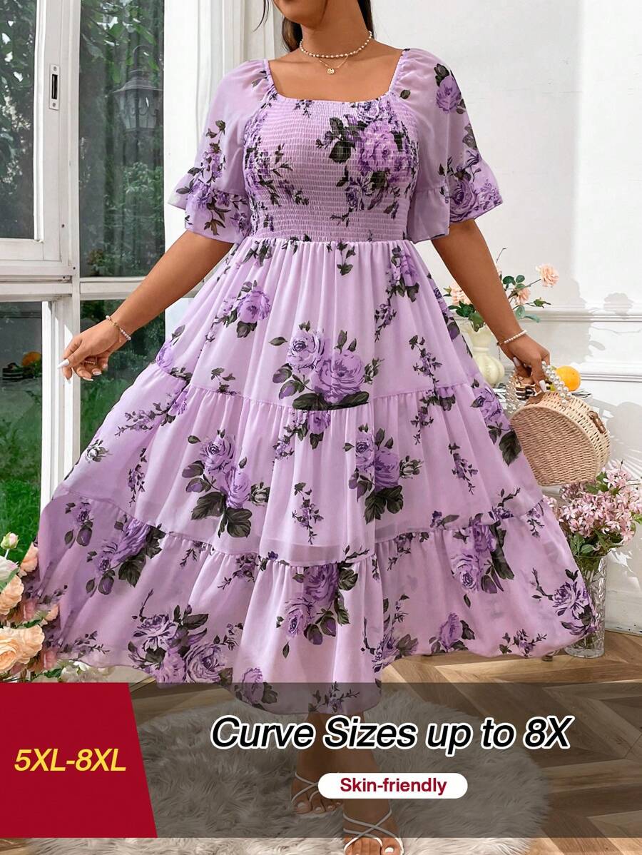 SHEIN CURVE+ 大码度假风格方领收腰 A 字形连衣裙，大码 - 彩色 - 查看 1