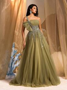 Glamrae Elegante e lindo vestido tutu de tule com apliques de lantejoulas e miçangas luxuosas verdes, bainha e cauda grandes, com babados, adequado para casamentos, despedidas de solteira, férias, bailes de formatura, jantares (design resistente), formais, vestidos de festa, vestidos longos, para noite, convidados de casamento - Verde de Exercício - Ver 6