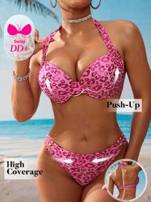 Swim DD+ Leopard Print Push Up Bikini Set For Women For Summer Beach Vacation - Hot Pink - View 2