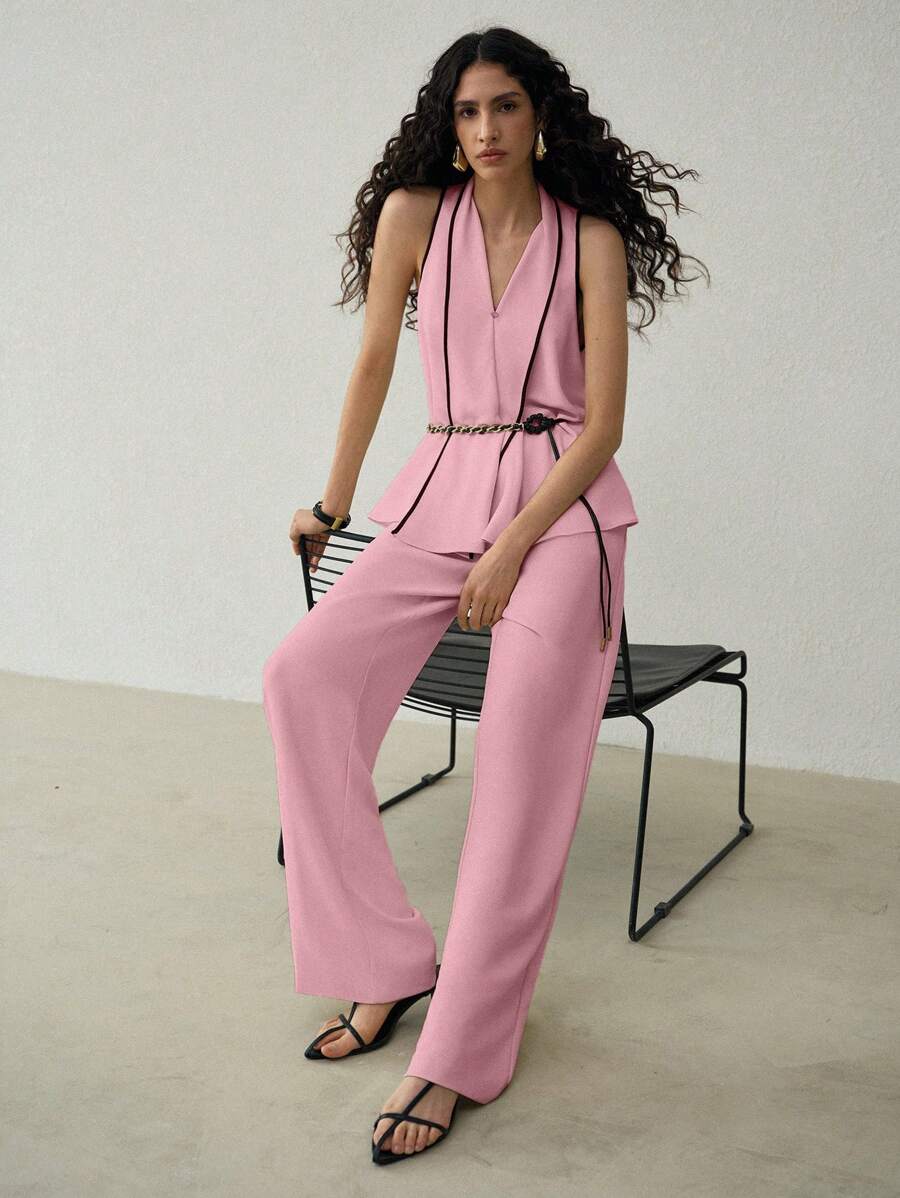 MOTF PREMIUM BELTED CONTRAST TRIM TOP & SLANT POCKET PANTS - Pink - View 1
