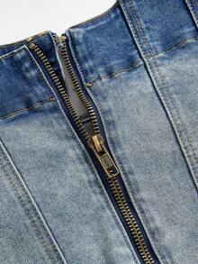 ROMWE Grunge Punk Atasan Crop Denim Seksi Gaya Y2K dengan Blok Warna dan Tali Pengikat - Biru - View 4