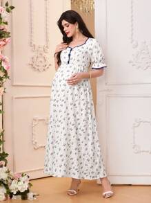 SHEIN Maternity Puff Sleeve Ditsy Floral Elegant Dress - White - View 1