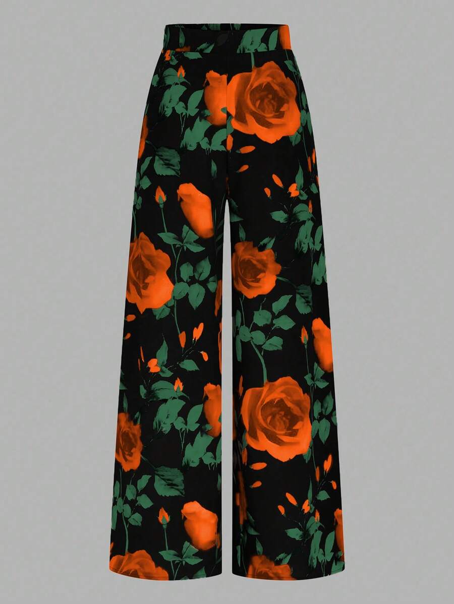 SHEIN Clasi Pantalones casuales de talle alto con estampado floral, de estilo minimalista para uso diario, para el Día de San Valentín