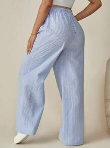 SHEIN 孕妇休闲通勤条纹高腰直筒裤 - 藍色 - 查看 2