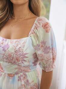 KURAYIA Plus Size Women's Puff Sleeve Square Neck Digital Print Dress - Pink - View 6