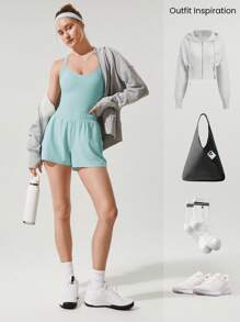 GLOWMODE Bộ đồ liền thân 6'' FeatherFit™-Air Runched Waist Crossover Back Side Pockets có quần short tích hợp, tay cầm chống trượt, chạy bộ, tập luyện tại phòng tập thể dục - Xanh lá cây Mù sương - Xem 8