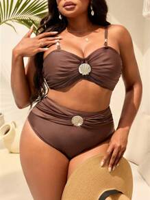 Swim Chiccia 大码女式 2 件纯色细肩带褶皱金色贝壳装饰高腰时尚休闲海滩度假泳装套装