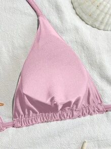 Swim Basics Women's Solid Color Halter Neck Tie Front Sexy Bikini Top For Summer Beach Vacation - Baby Pink - View 4
