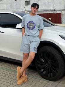 DAZY Summer Letter Print Sporty Grey Men's T-Shirt Set - Grey - View 3