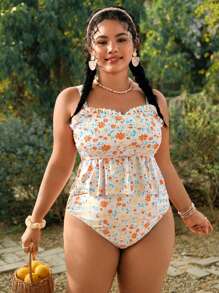 Swim Mod Plus Size Women 2pcs Ruffle Hem Loose Tankini Top & Skirt Swimsuit, Sexy Daily/Beach Vacation For Summer