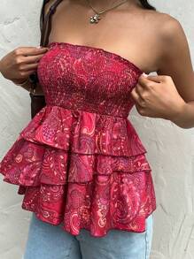 Sunnyshic Women's Summer Casual Vacation Dark Paisley Print Multi-Layer Asymmetrical Ruffle Hem Tube Top - Multicolor - View 3