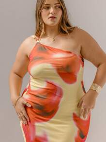 Aralina Curve Plus Size 不对称花卉印花单肩修身夏季长裙 - 彩色 - 查看 4