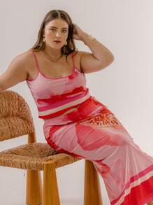 Aralina Curve Plus Size 水彩花卉细肩带上衣和半身裙两件套夏季套装 - 珊瑚粉 - 查看 8