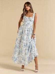SHEIN BAE 夏季度假约会旅游连衣裙情人节连衣裙小碎花连衣裙野餐连衣裙优雅连衣裙 - 藍色 - 查看 3