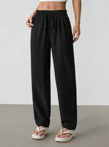 SHEIN PETITE 净色休闲纸袋腰结前裤 - 黑色 - 查看 1