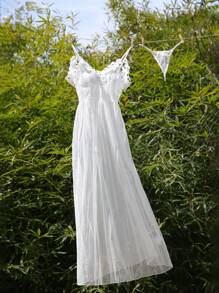 2pcs Set: Lace Patchwork Dress + Panties, Romantic Floral Print Sleepwear For Women, Suitable For Wedding - White - View 8