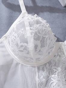 طقم ملابس داخلية نسائية زفاف رومانسي من الدانتيل الأبيض، توب +سروال 2 قطعة - أبيض - مشاهدة 3
