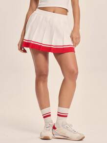 Musera Sport 运动风撞色滚边褶裥迷你网球裙，适合运动健身、春季休闲、节日穿着，优雅时尚。 - 白色 - 查看 2