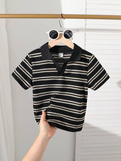 SHEIN Playful Pals 1pc Young Boy Casual School Style Waffle Striped Knit V-Neck Polo Shirt Summer Holiday