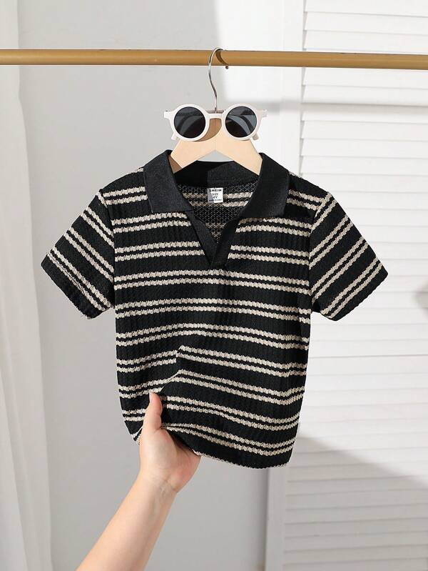 Souflis Souflis 1 Stück Jungen Lässig Schul Stil Waffel gestreiftes V-Ausschnitt Poloshirt