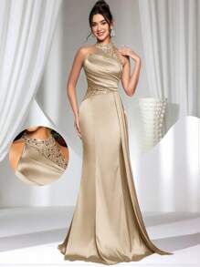 Coutiva Women's Solid Color Ruched Rhinestone Decor Sleeveless Elegant Evening Dress, Formal, Party Dress, Gown, For Wedding Guest - Champagne - View 1