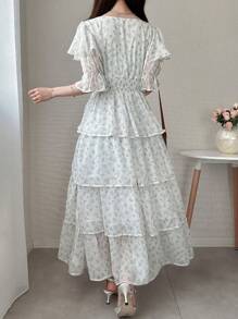 FRIFUL Women's Spring/Summer New French Begonia Ditsy Floral Ruched Waist Layered Patchwork Square Neck Flare Sleeve Mid-Length Dress Women Casual Dress Women Dresses Birthday Women S White Dress Work Summer Dresses Women Short Dresses Summer - Beige - View 7