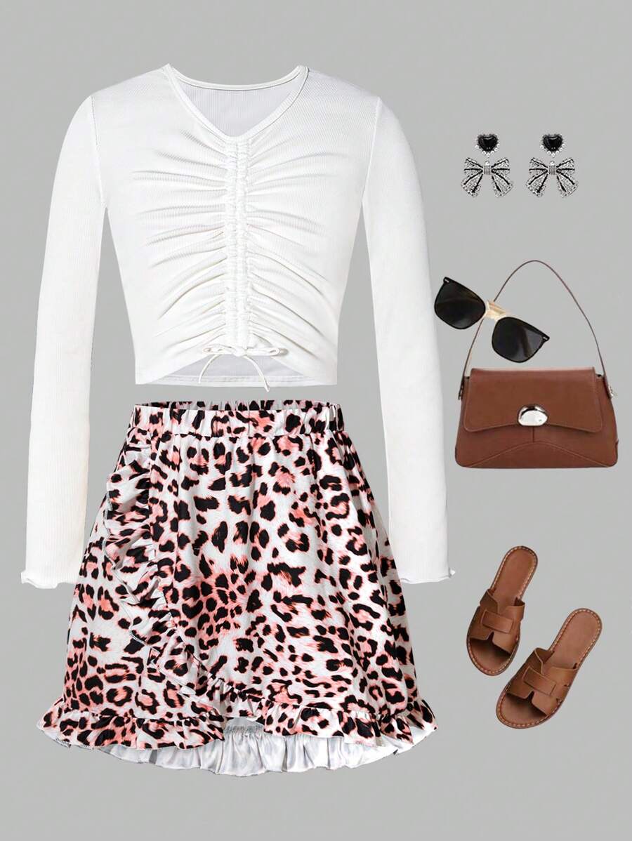 SHEIN Ensemble de 2 pièces pour jeunes filles : Top à manches longues col V unicolore et jupe imprimé léopard taille élastique - Multicolore - Voir 1