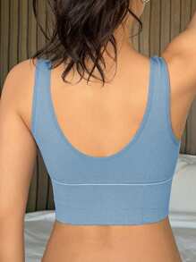 DAZY Elegant Seamless Solid Color Sports Bra For Women With Text Graphic Print - Blue - View 2