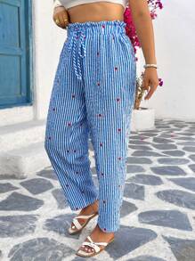 SHEIN VCAY Plus Size Holiday Casual Striped Heart Print Pants - Blue and White - View 5