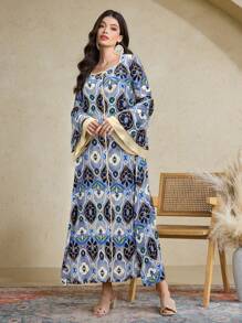 Al Najma Vestido de mujer con diseño de botones y manga acampanada con estampado floral, estilo vacacional - Azul - Ver 6