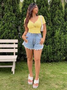 SHEIN EZwear Women Plus Size Summer Waffle V-Neck Chest Tie Bow Cropped Solid Color T-Shirt - Yellow - View 3