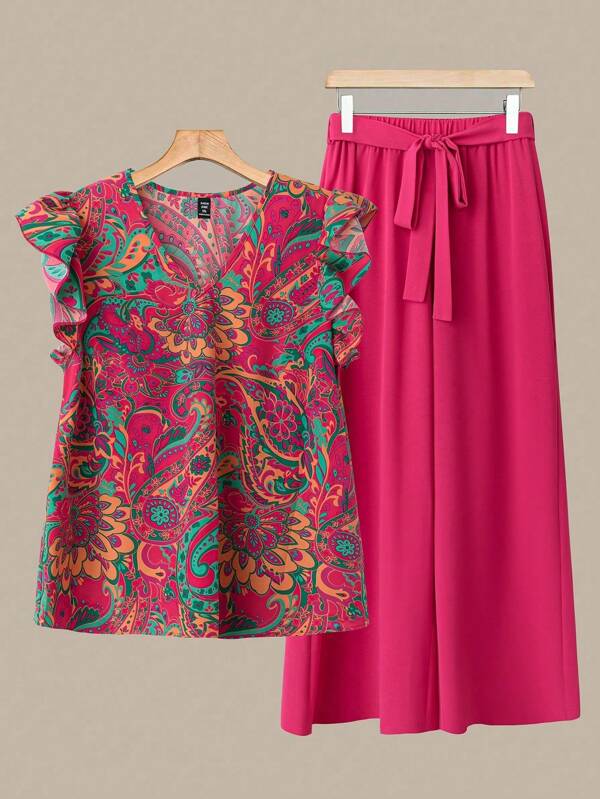 EMERY ROSE Set de 2 bucăți, cu mâneci tip șapcă cu șapcă, cu decolteu în V, cu imprimeu floral, cachetele și pantaloni uni cu șnur